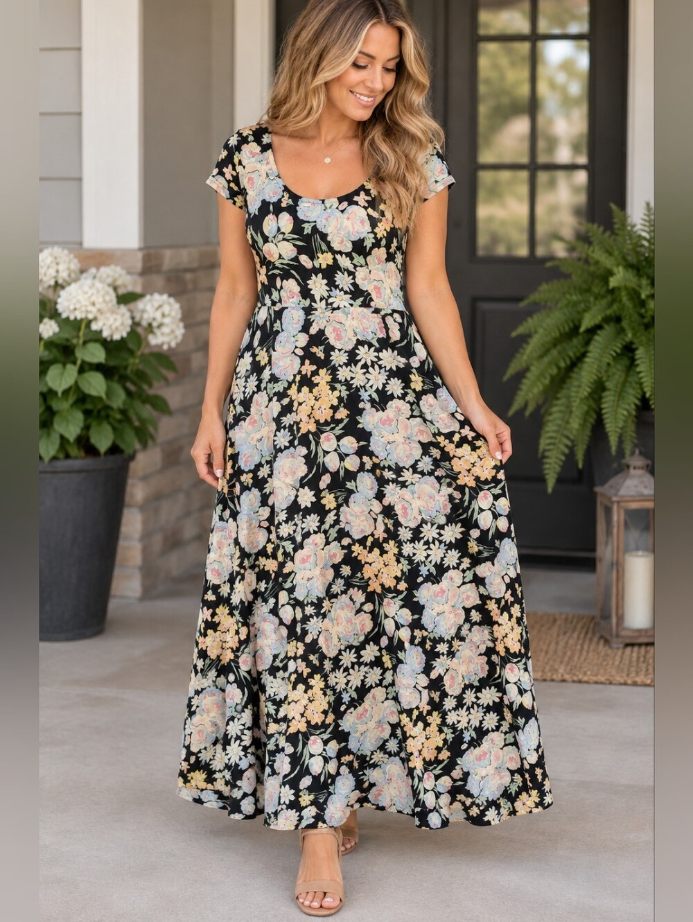 CHAPS Women’s L/G Black Floral Maxi Dress NWT Cottagecore Romantic 100% Cotton